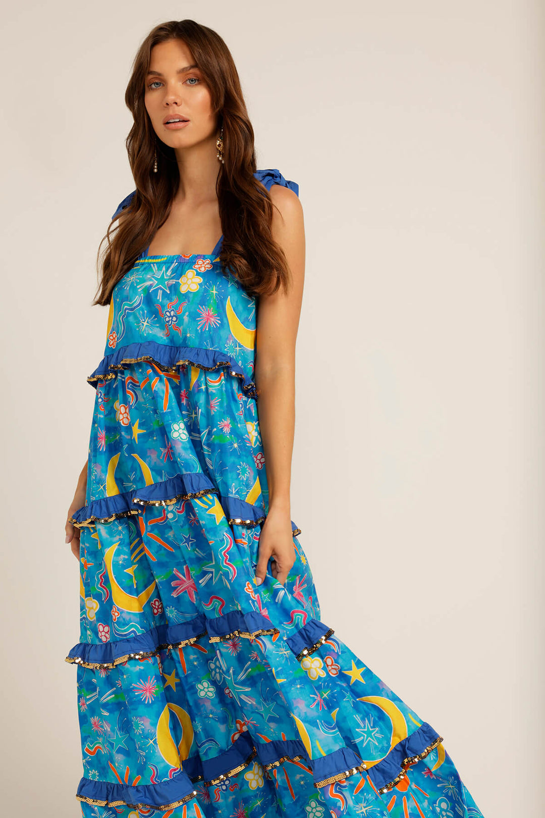 Love Bonfire The Label | Blue Star Moon Print Tiered Frill Tie Straps Summer Midi Dress| Aurora Australis Scallop Dress | Australian Womens Fashion