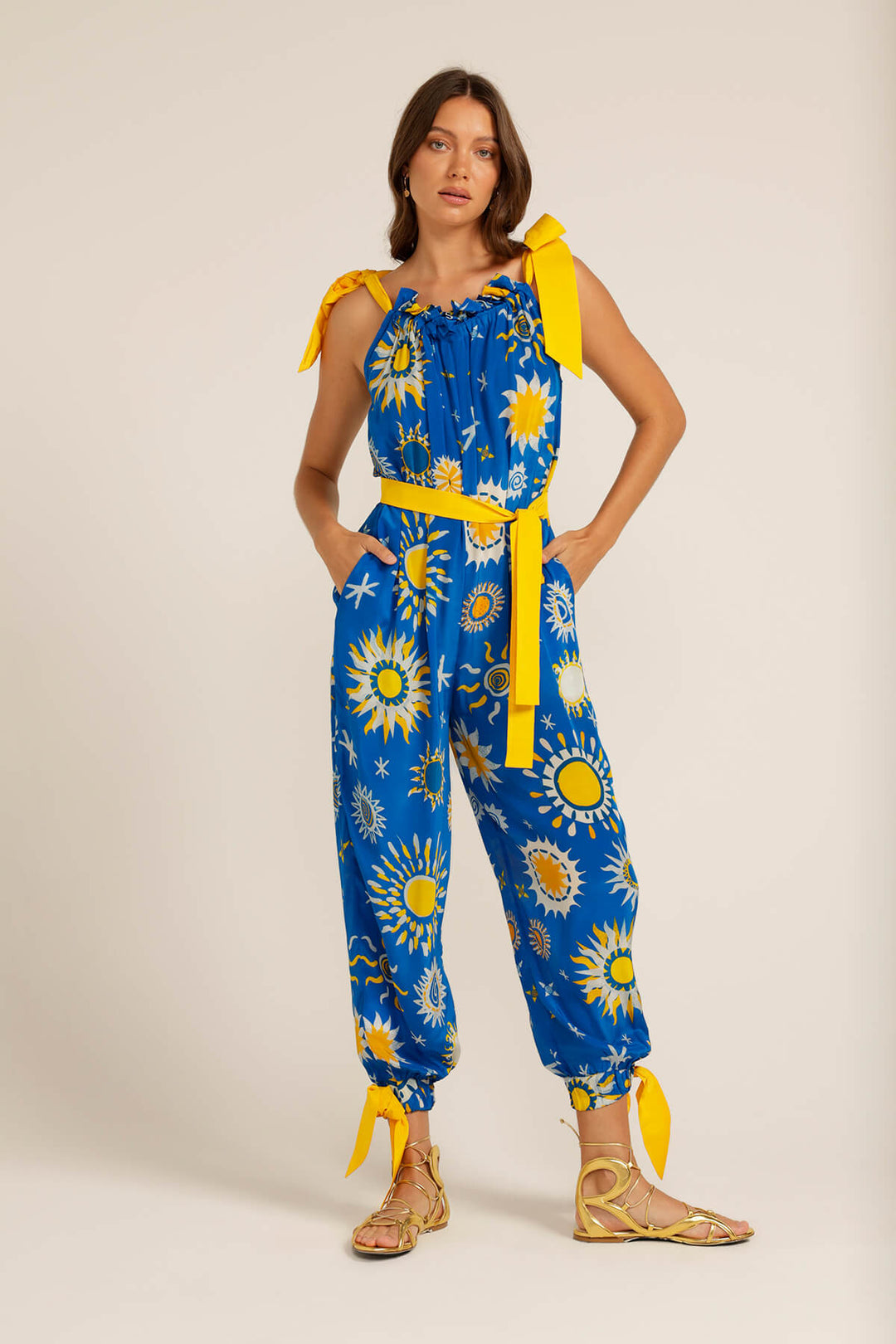 Love Bonfire The Label | Blue Yellow Sun Print Jumpsuit Romper Dungarees | Azure Skies Jumpsuit | Australian Womens Fashion