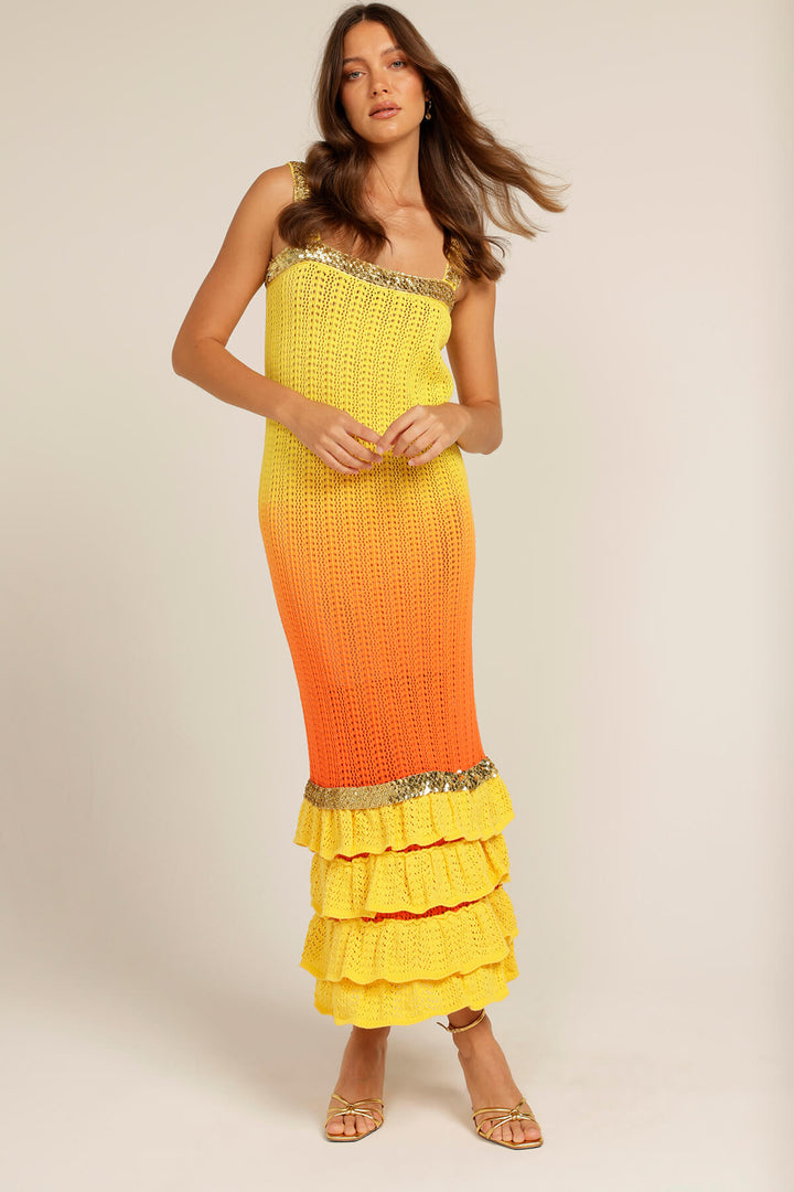 Love Bonfire The Label | Ombre Yellow Orange Sunset Crochet Tiered Frill European Summer Midi Dress | Eternal Sunshine Knit Dress | Australian Womens Fashion