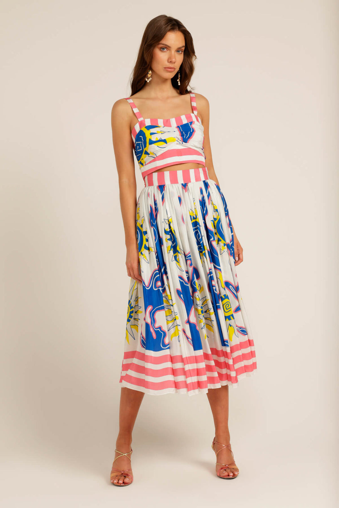 Love Bonfire The Label | Blue Yellow Abstract Sun Print Pink Stripe Gathered Pleated Midi Skirt | Great Southern Land Skirt | Australian Womens Fashion