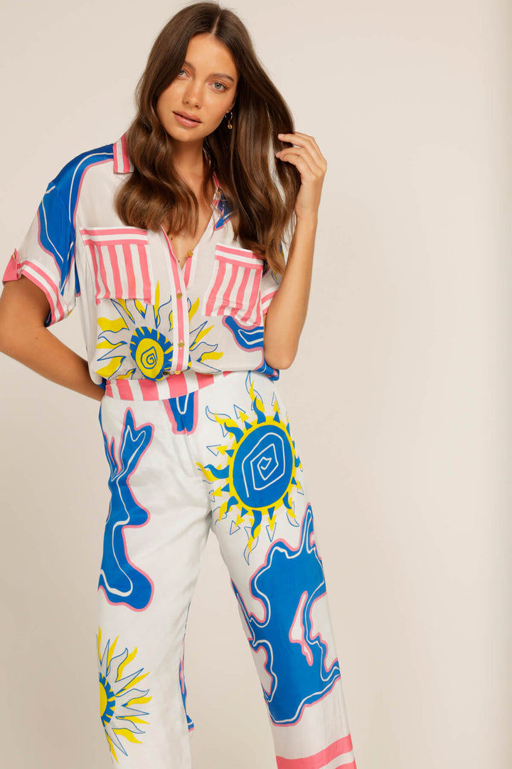 Love Bonfire The Label | Blue Yellow Sun Print Pink Stripe Short Sleeve Shirt | Great Southern Land Shirt| Australian Womens Fashion