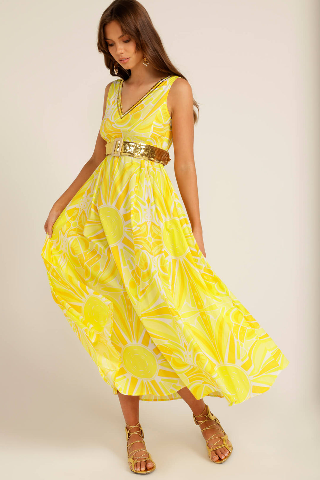 Love Bonfire The Label | Yellow Sun Print Sequin V Neck Summer Midi Dress| Land of the Long Weekend Dress | Australian Womens Fashion