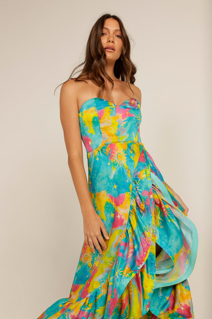 Love Bonfire The Label | Bright Multicolour Strapless Split Event Maxi Dress | Rainbow Gold Goddess Dress | Australian Womens Fashion