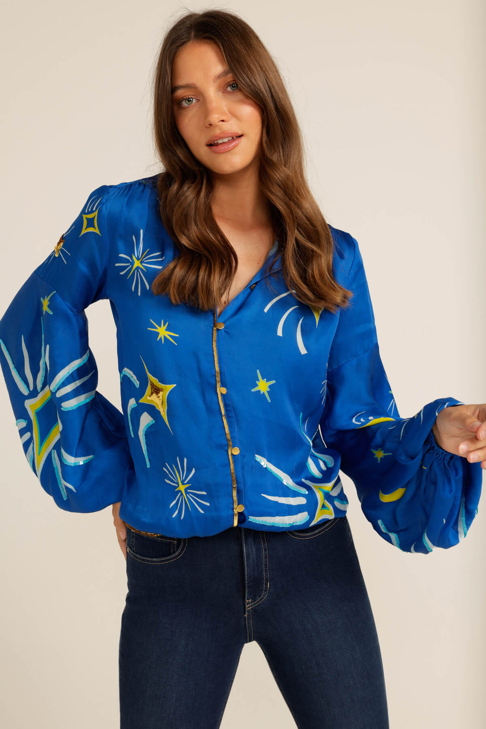 Love Bonfire The Label | Blue Star Print Bishop Sleeve Top | Southern Lights Blouse | Australian Womens Fashion