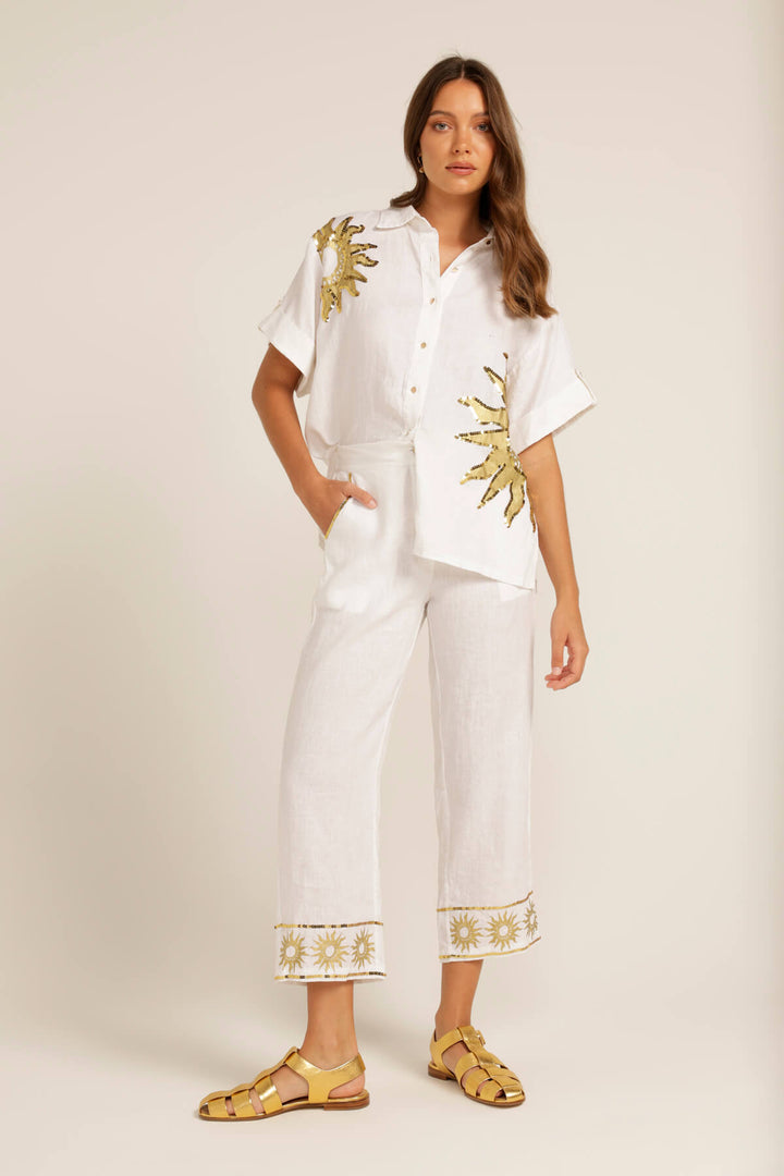 Love Bonfire The Label | White Linen Gold Sun Sequin Print Pants Trousers | You Beauty Pant | Australian Womens Fashion